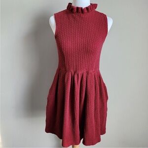 Ganni Anthropologie Pinnacle Dress Womens XS Textured Ruffle Mini Maroon Pockets